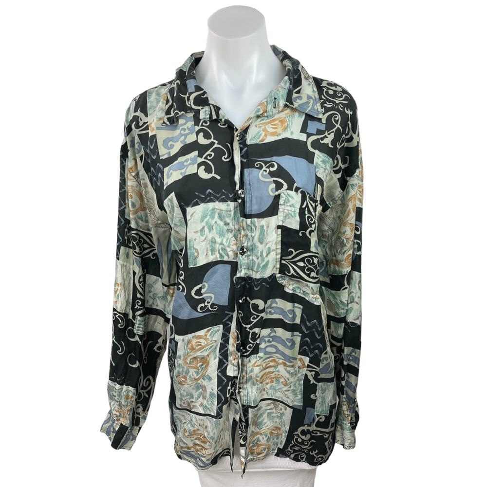 Vintage Surprise 100% Silk Multicolor Button Up Collared Long Sleeve Shirt Top L